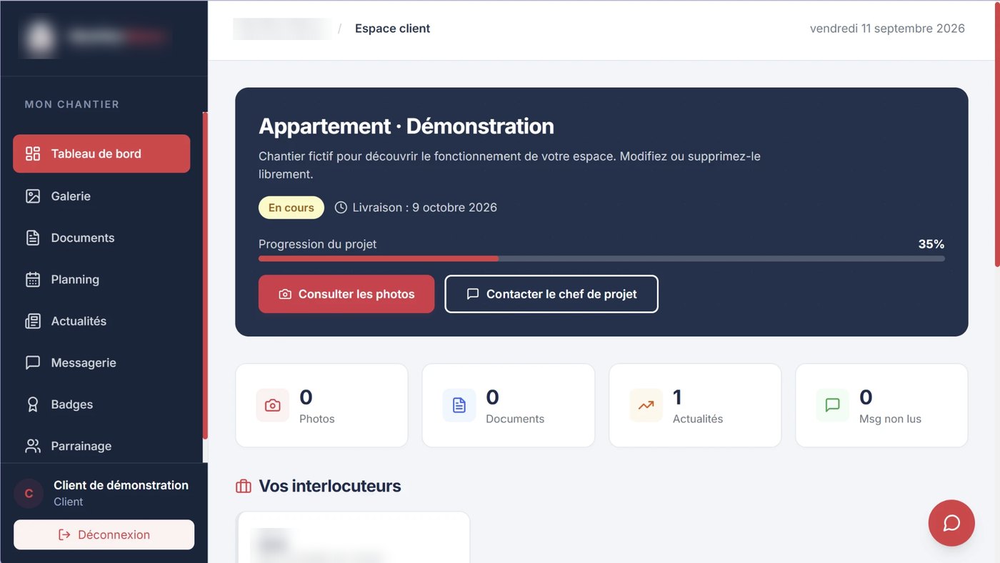 Plateforme de gestion de chantiers (données floutées)